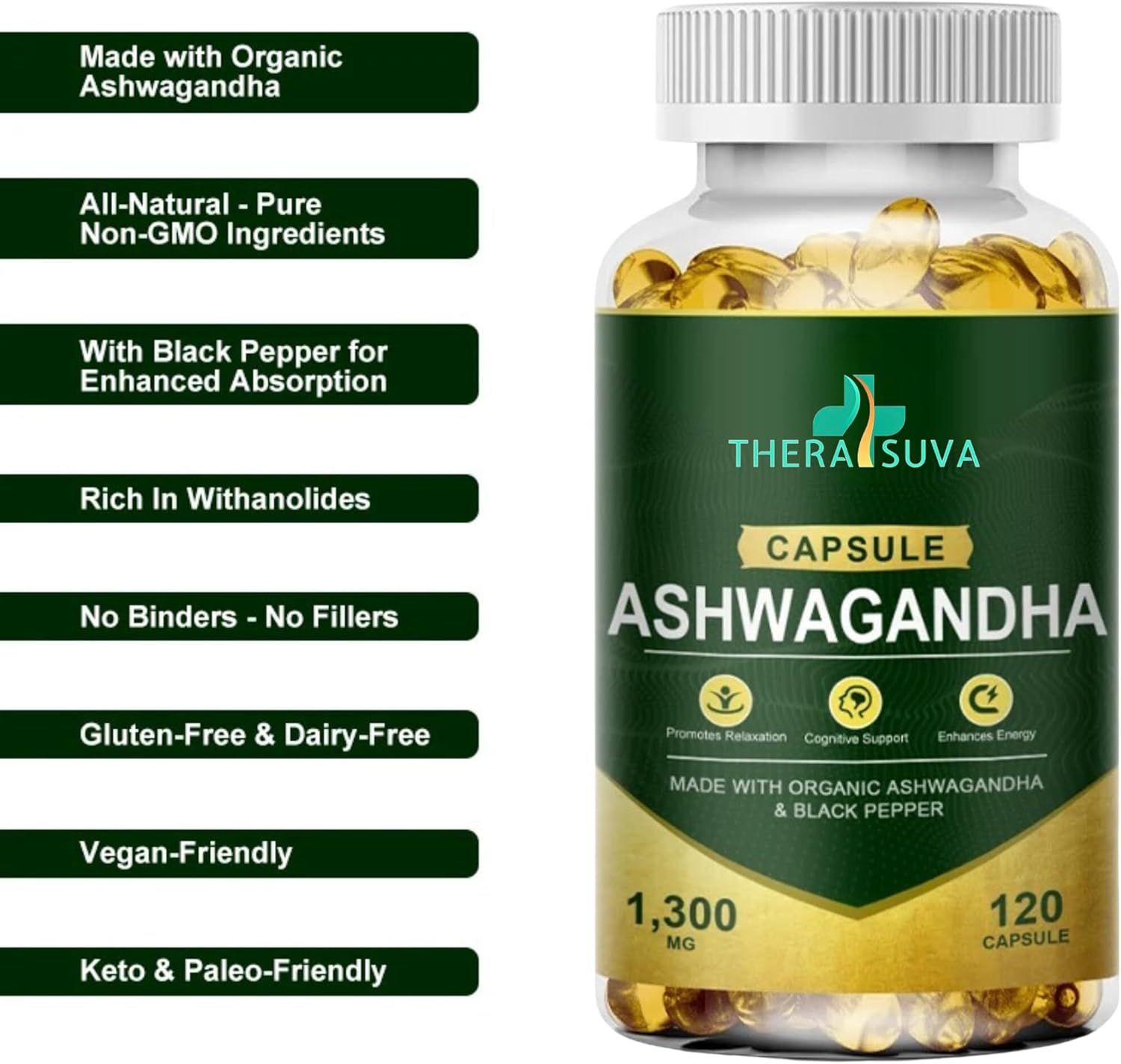 Organic Ashwagandha & Black Pepper Supplement for Stress Relief - High Potency 120 Softgels