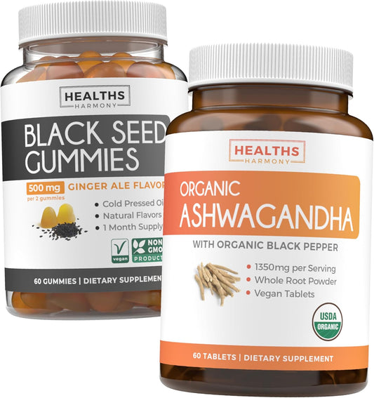 Organic Ashwagandha & Black Seed Oil Gummies Bundle - Vital Calm Fusion - 1-Month Supply - Natural Adrenal Support - Cold-Pressed Nigella Sativa - Ginger Ale Flavor