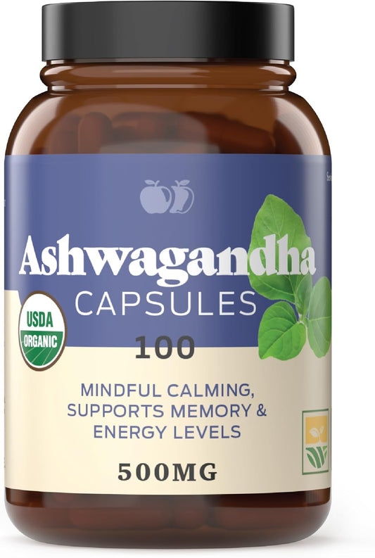 Organic Ashwagandha Capsules - 100 Count 500mg Pure Supplement for Calming Support