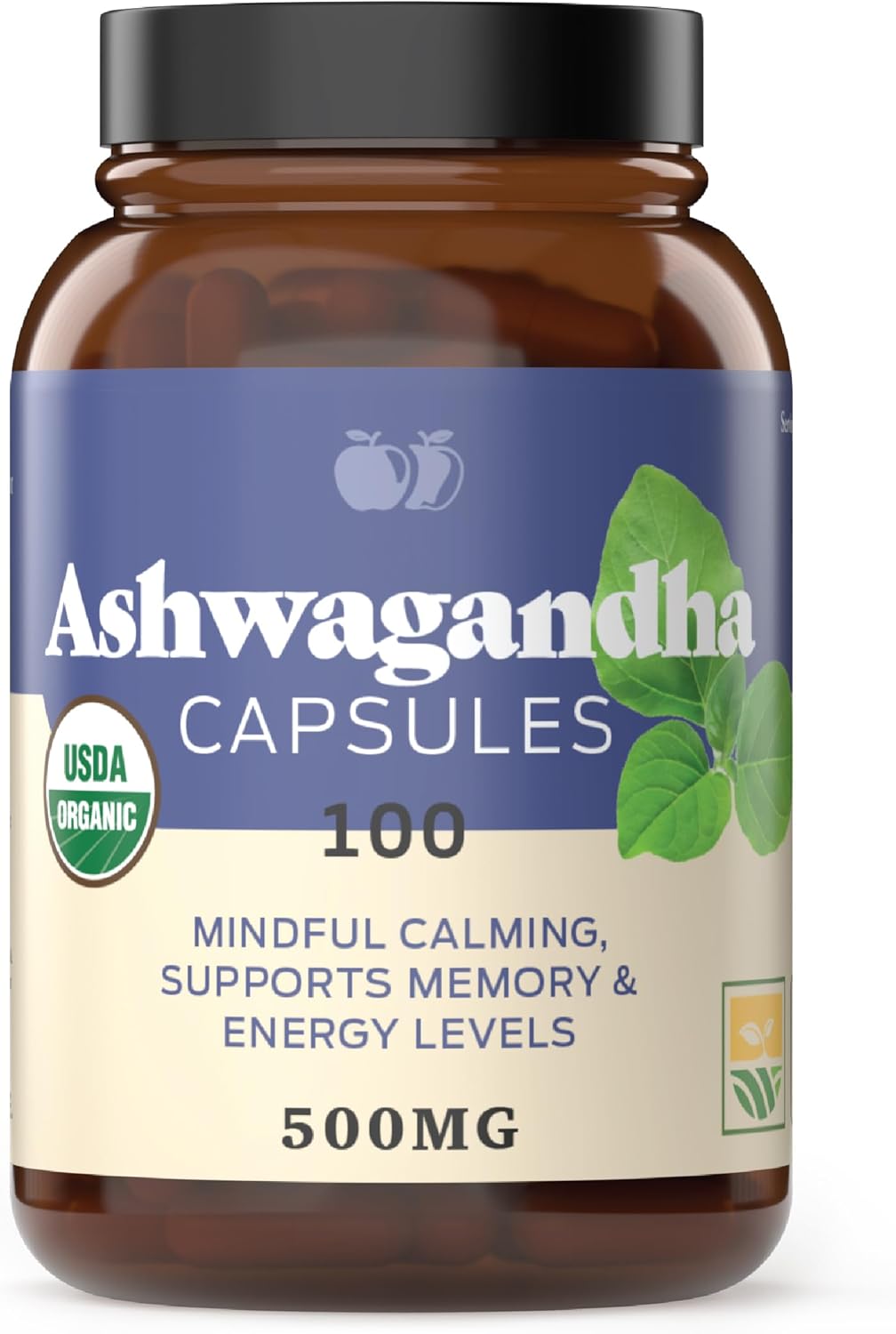 Organic Ashwagandha Capsules - 100 Count 500mg Pure Supplement for Calming Support
