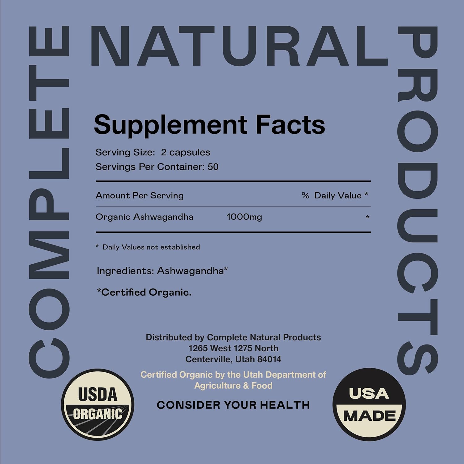 Organic Ashwagandha Capsules - 100 Count 500mg Pure Supplement for Calming Support