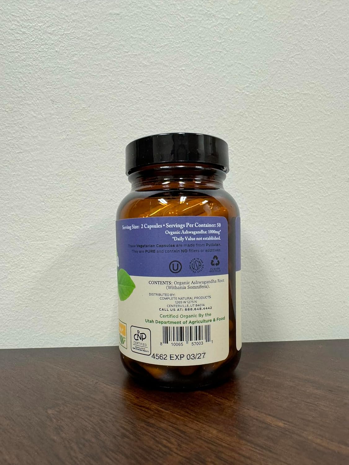 Organic Ashwagandha Capsules - 100 Count 500mg Pure Supplement for Calming Support