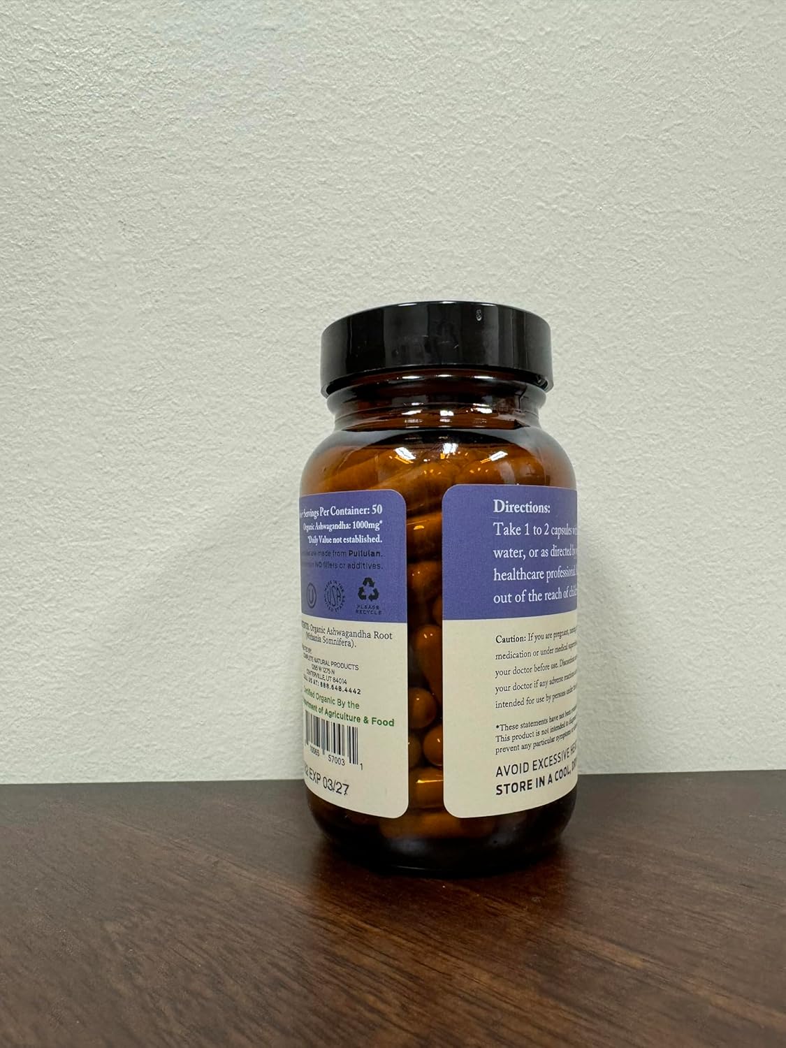 Organic Ashwagandha Capsules - 100 Count 500mg Pure Supplement for Calming Support