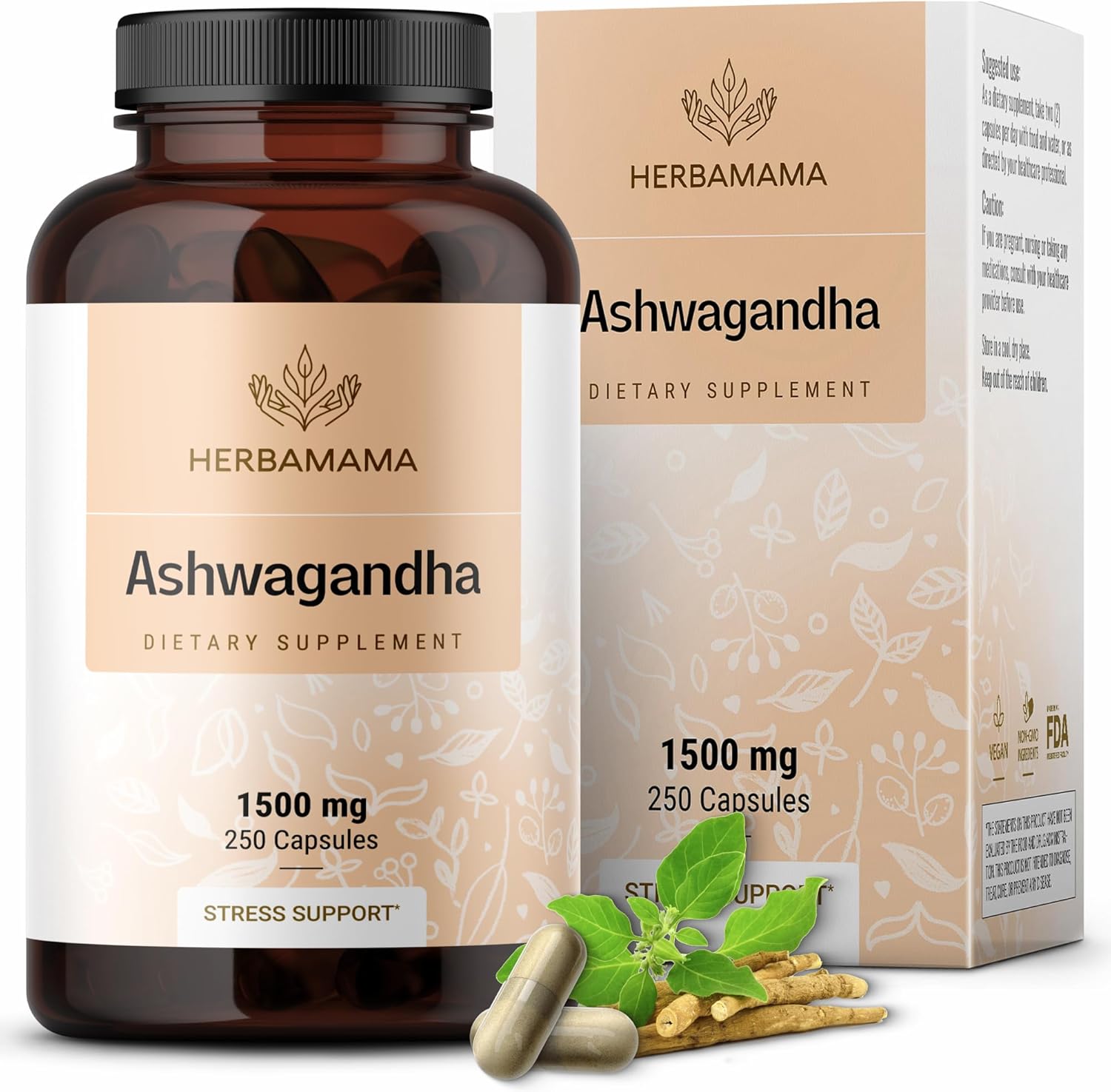 Organic Ashwagandha Capsules - 1500mg Pure Root Extract for Relaxation & Mood Support - Vegan & Non-GMO Supplement, 250 Capsules