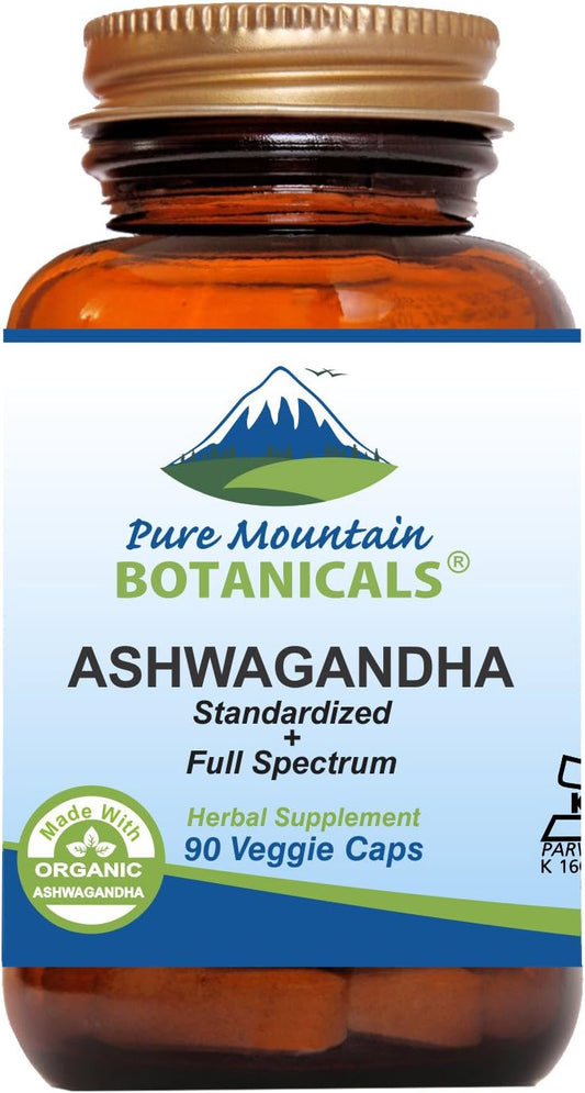 Organic Ashwagandha Capsules - 90 Vegan Caps with 475mg Root & Extract