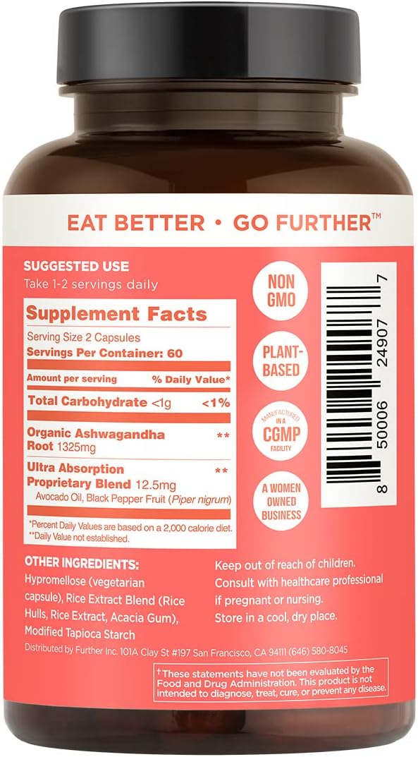 Organic Ashwagandha Capsules 1325mg with Black Pepper & Avocado Oil - 120 Vegan Non-GMO Capsules