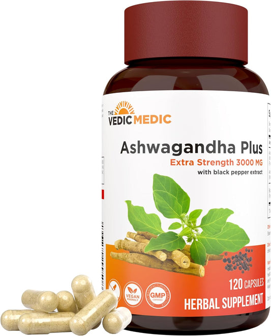 Organic Ashwagandha Capsules 3000mg with Black Pepper Extract - Stress Relief, Mood Enhancer, Energy Support - Non-GMO, Vegan, Gluten Free - 120 Count