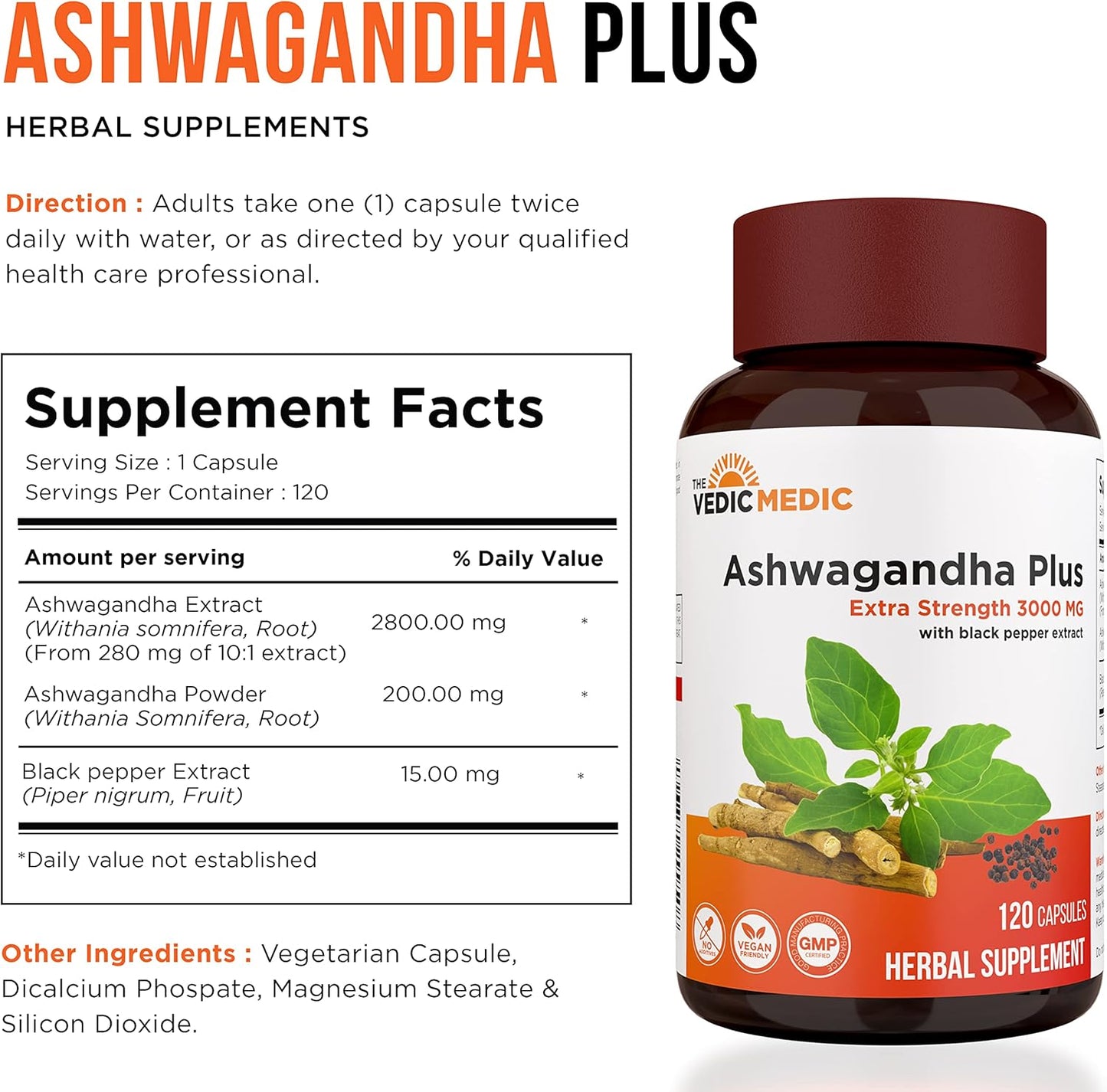 Organic Ashwagandha Capsules 3000mg with Black Pepper Extract - Stress Relief, Mood Enhancer, Energy Support - Non-GMO, Vegan, Gluten Free - 120 Count