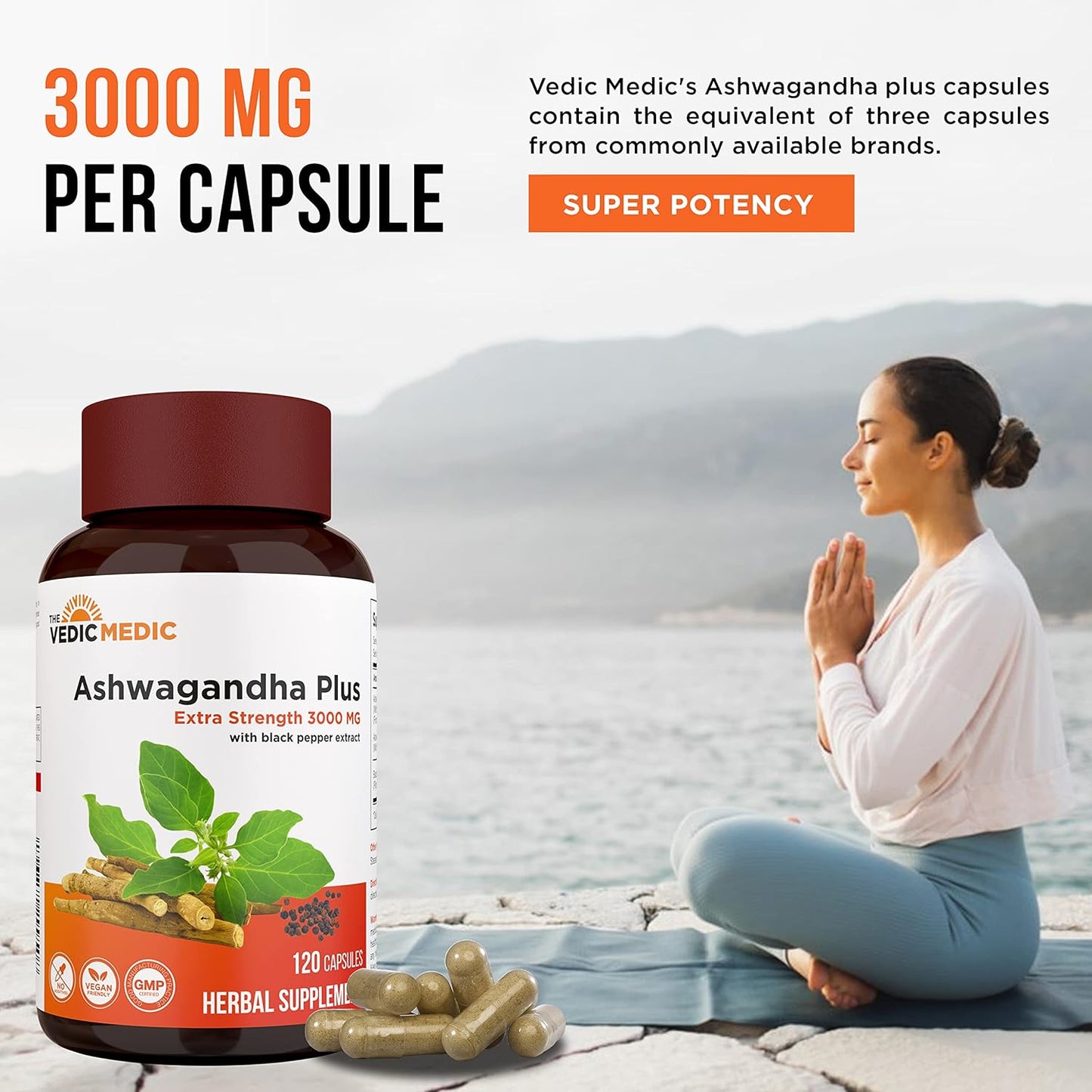 Organic Ashwagandha Capsules 3000mg with Black Pepper Extract - Stress Relief, Mood Enhancer, Energy Support - Non-GMO, Vegan, Gluten Free - 120 Count
