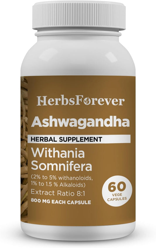 Organic Ashwagandha Capsules 800mg - Boost Energy & Performance - 60 Vegetarian Capsules - Withannolides & Alkaloids - Herbsforever