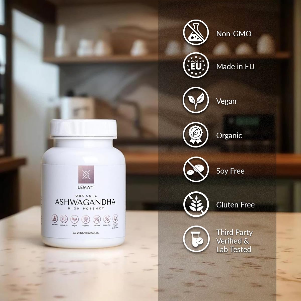 Organic Ashwagandha Capsules for Overall Wellness - 60 Vegan LEMAlab Supplements