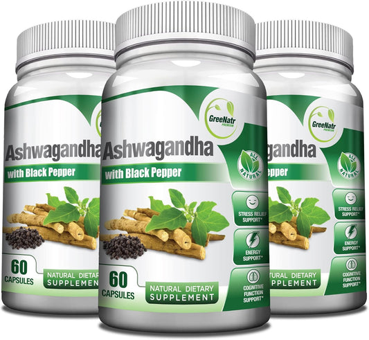 Organic Ashwagandha Capsules with Black Pepper - Mood Enhancer for Energy and Cognitive Support - 1300mg Veggie Capsules - 3 Bottles