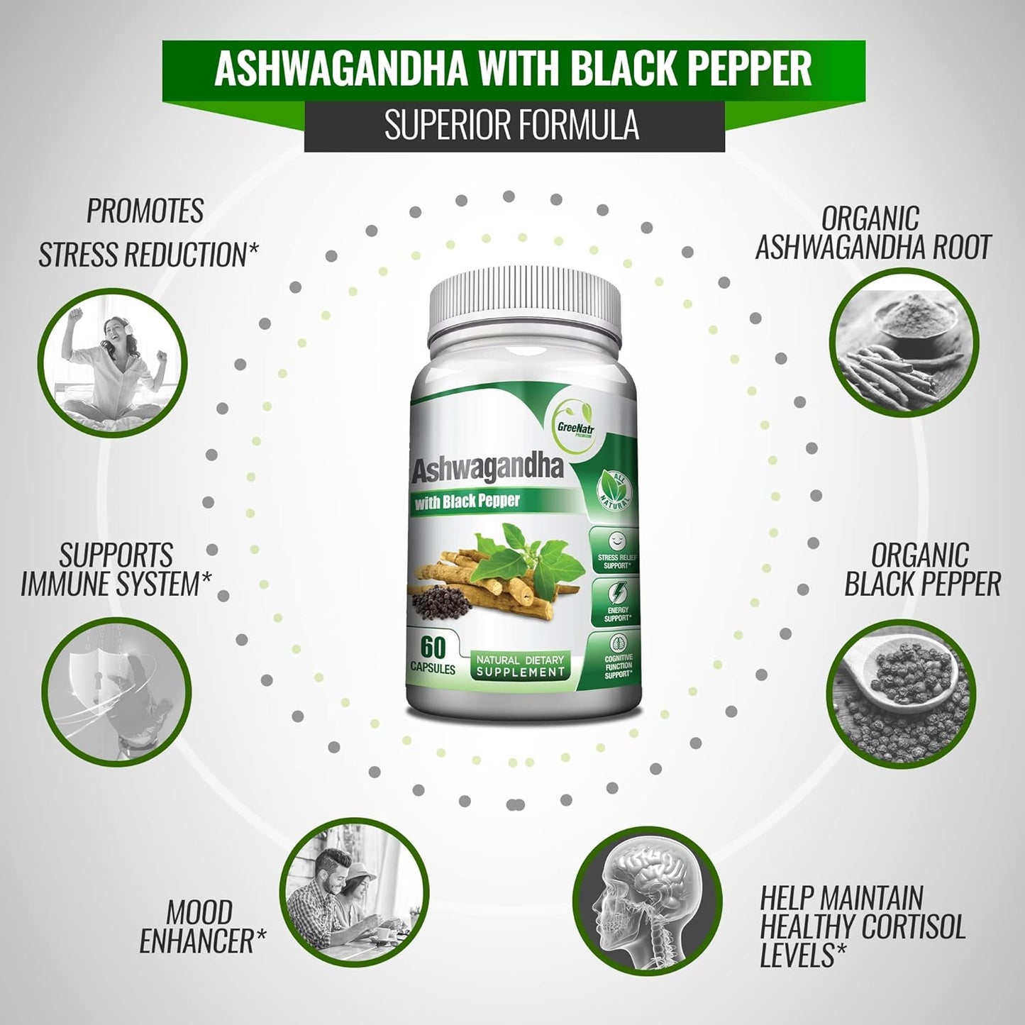 Organic Ashwagandha Capsules with Black Pepper - Mood Enhancer for Energy and Cognitive Support - 1300mg Veggie Capsules - 3 Bottles