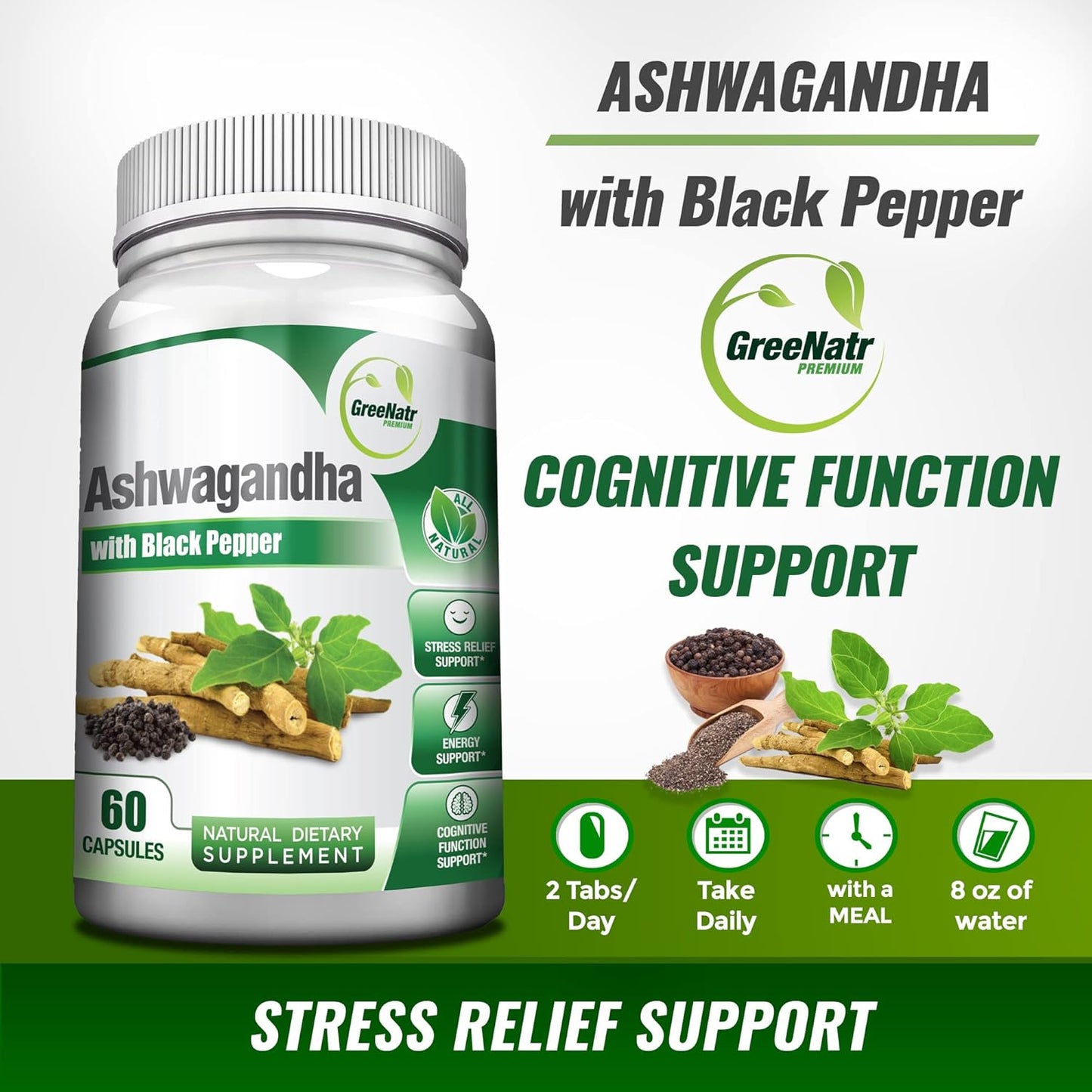 Organic Ashwagandha Capsules with Black Pepper - Mood Enhancer for Energy and Cognitive Support - 1300mg Veggie Capsules - 3 Bottles