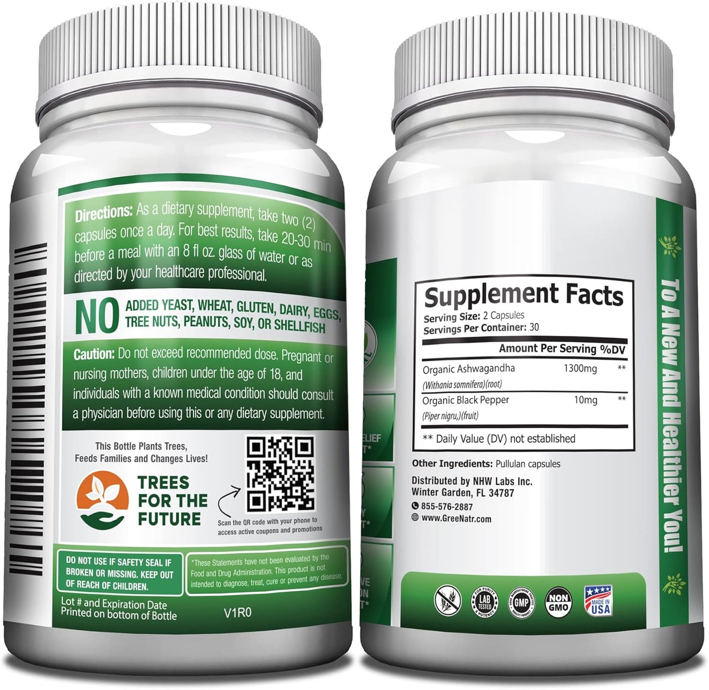 Organic Ashwagandha Capsules with Black Pepper - Mood Enhancer for Energy and Cognitive Support - 1300mg Veggie Capsules - 3 Bottles