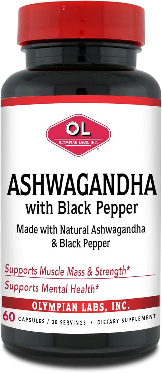 Organic Ashwagandha Capsules with Black Pepper for Brain, Muscle, and Strength - 60 Vegan Capsules 1300mg