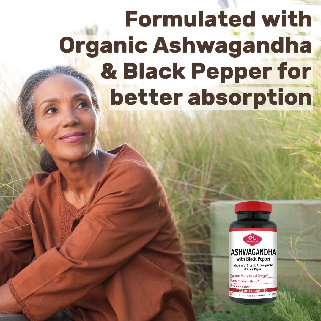 Organic Ashwagandha Capsules with Black Pepper for Brain, Muscle, and Strength - 60 Vegan Capsules 1300mg