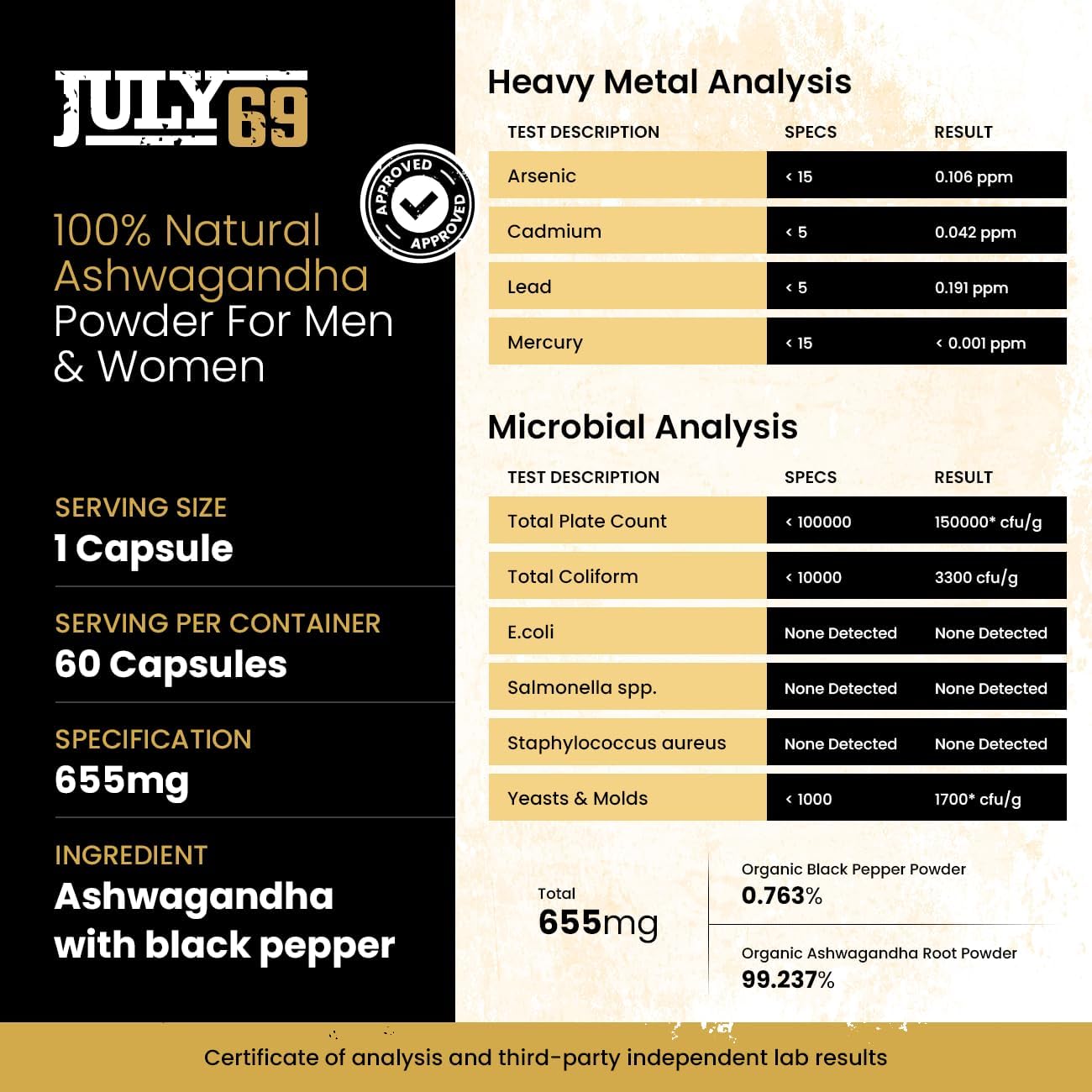 Organic Ashwagandha Capsules with Black Pepper for Energy and Immunity - 60 Capsules, 655mg, Root Extract Complex, Pure Nature Made Supplement, Third-Party Tested for Men & Women