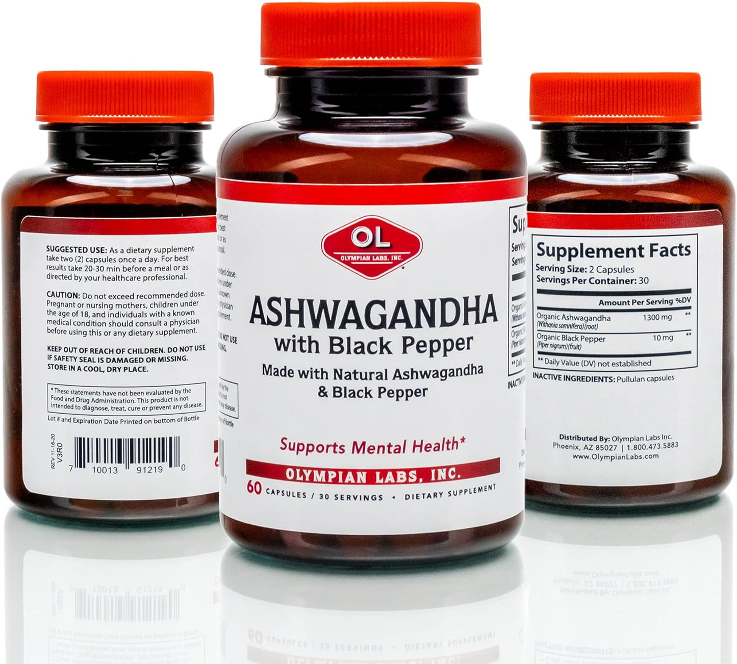Organic Ashwagandha Capsules with Black Pepper for Brain, Muscle, and Strength - 60 Vegan Capsules 1300mg