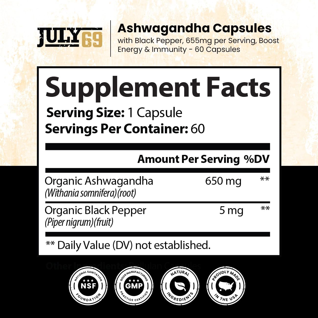 Organic Ashwagandha Capsules with Black Pepper for Energy and Immunity - 60 Capsules, 655mg, Root Extract Complex, Pure Nature Made Supplement, Third-Party Tested for Men & Women