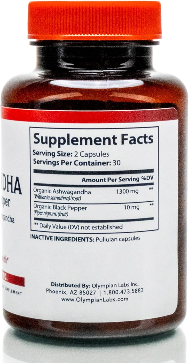 Organic Ashwagandha Capsules with Black Pepper for Brain, Muscle, and Strength - 60 Vegan Capsules 1300mg