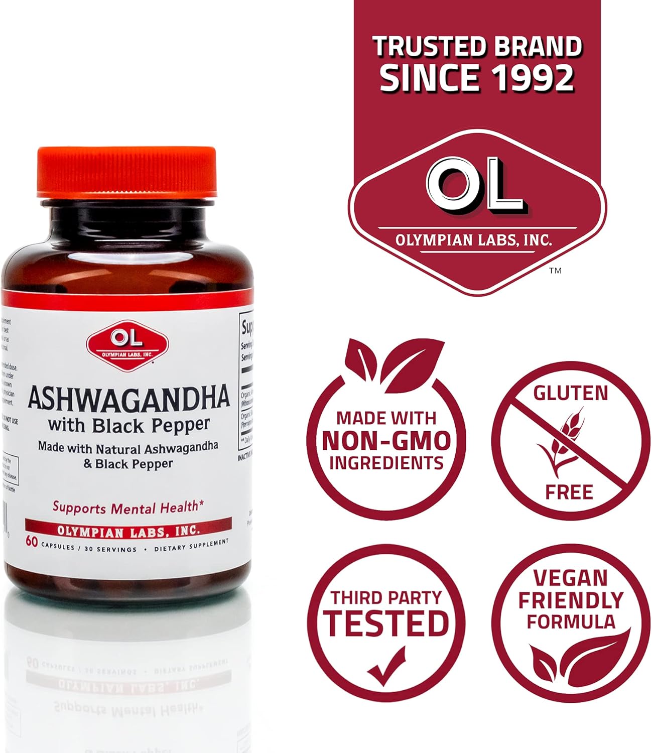 Organic Ashwagandha Capsules with Black Pepper for Brain, Muscle, and Strength - 60 Vegan Capsules 1300mg
