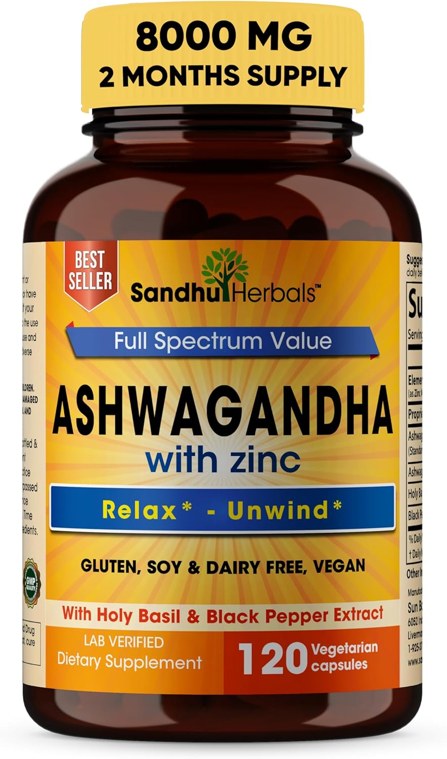 Organic Ashwagandha Capsules with Zinc for Healthy Skin & Immune Support by Sandhu Herbals