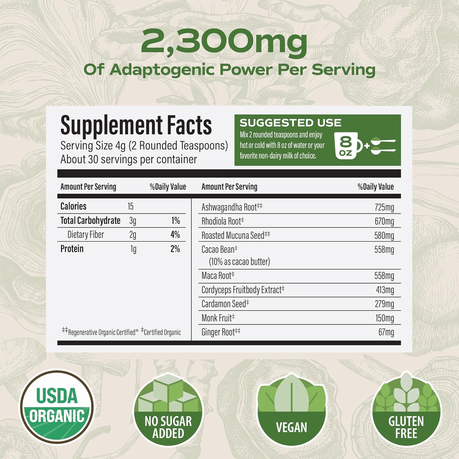 Organic Ashwagandha & Cordyceps Blend for Energy & Stress Resilience - Supports Healthy Adrenal Function, Coffee Alternative