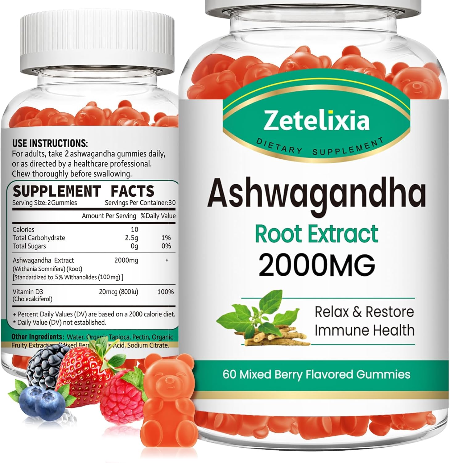 Organic Ashwagandha Gummies 2 Pack - Vitamin D3, Immune Support & Relaxation - Mixed Berry Vegan Chews 120 Count