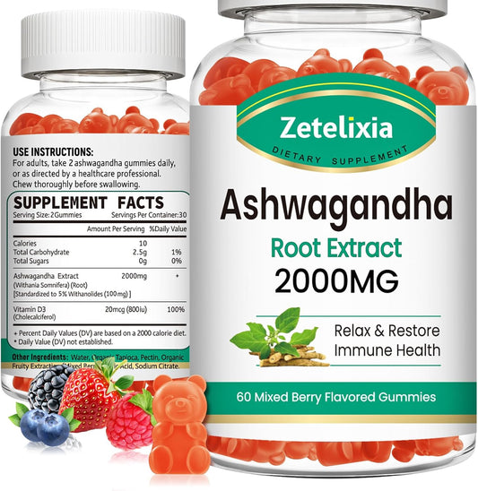 Organic Ashwagandha Gummies 2 Pack - Vitamin D3, Immune Support & Relaxation - Mixed Berry Vegan Chews 120 Count