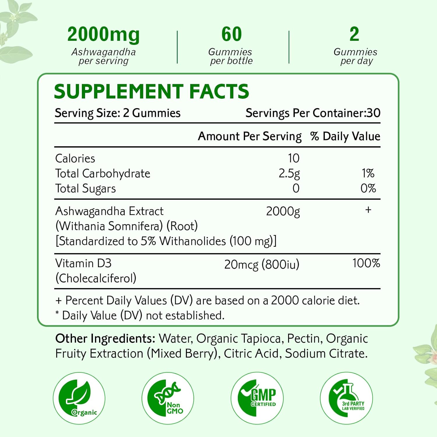 Organic Ashwagandha Gummies 2 Pack - Vitamin D3, Immune Support & Relaxation - Mixed Berry Vegan Chews 120 Count