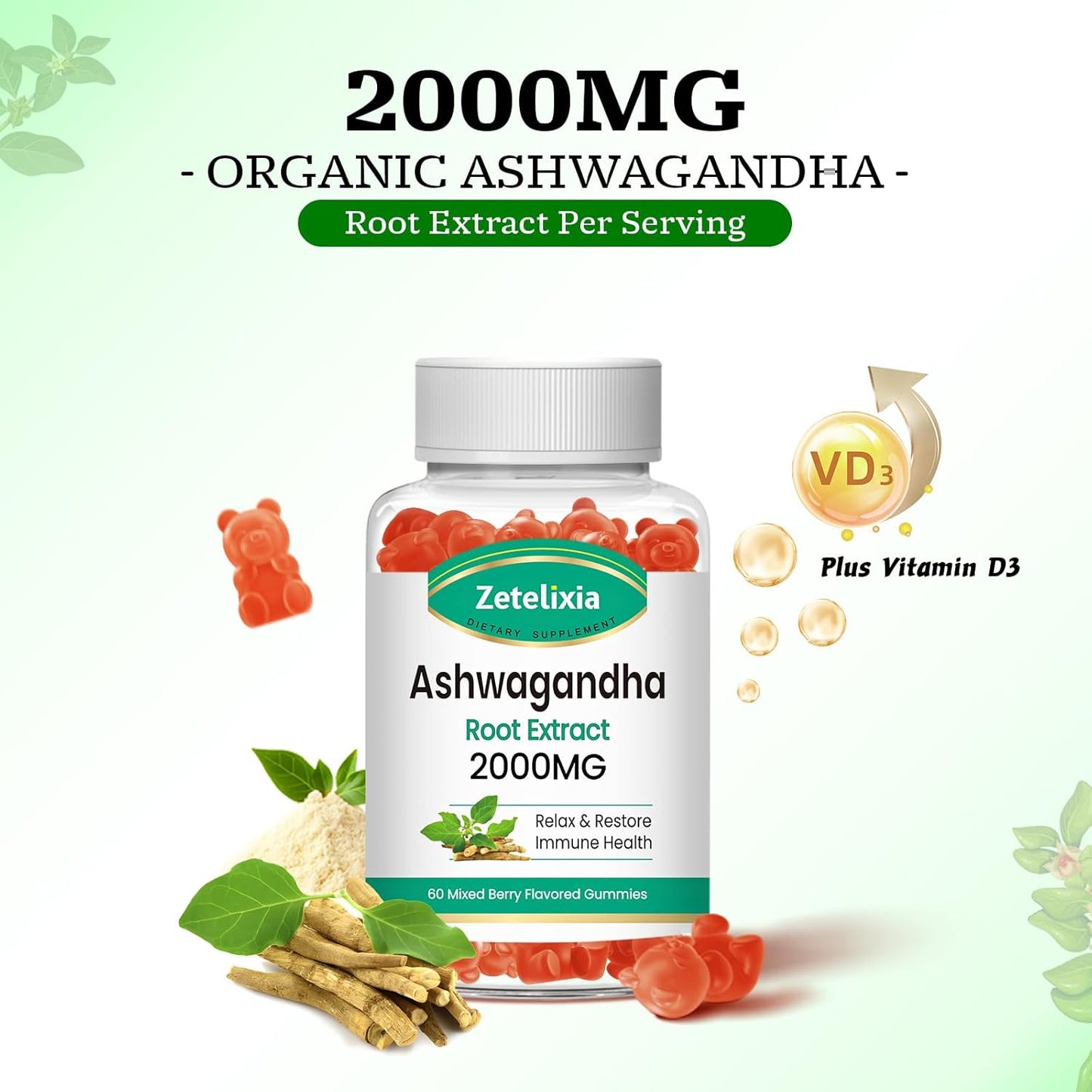 Organic Ashwagandha Gummies 2 Pack - Vitamin D3, Immune Support & Relaxation - Mixed Berry Vegan Chews 120 Count