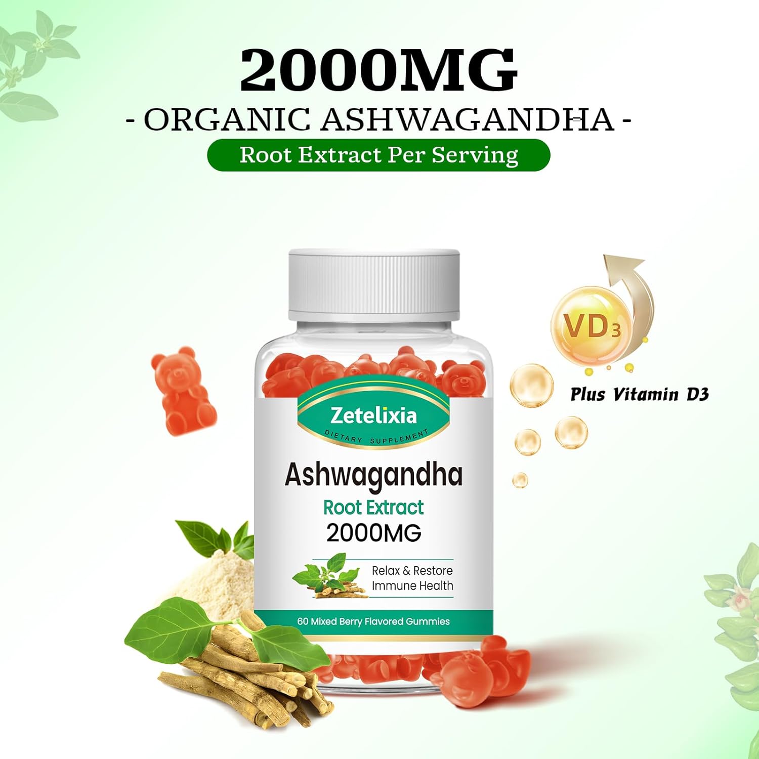 Organic Ashwagandha Gummies 2 Pack - Vitamin D3, Immune Support & Relaxation - Mixed Berry Vegan Chews 120 Count