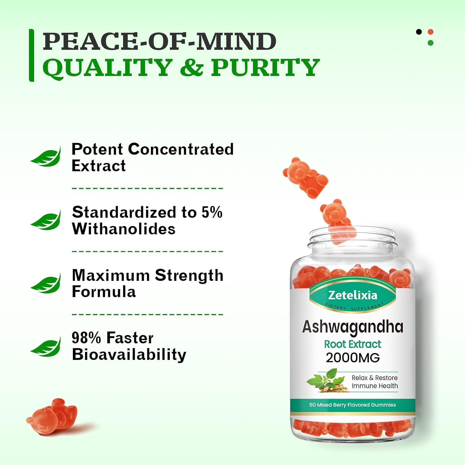 Organic Ashwagandha Gummies 2 Pack - Vitamin D3, Immune Support & Relaxation - Mixed Berry Vegan Chews 120 Count