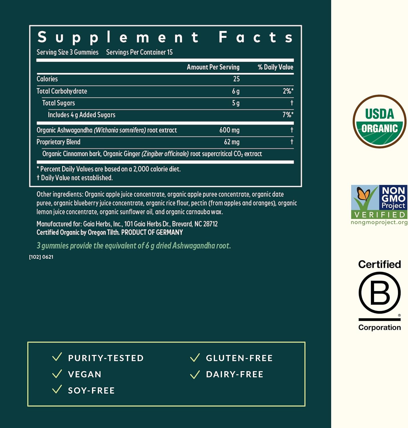 Organic Ashwagandha Gummies for Stress Support with Cinnamon and Ginger - Vegan and Gluten Free - 45 Count