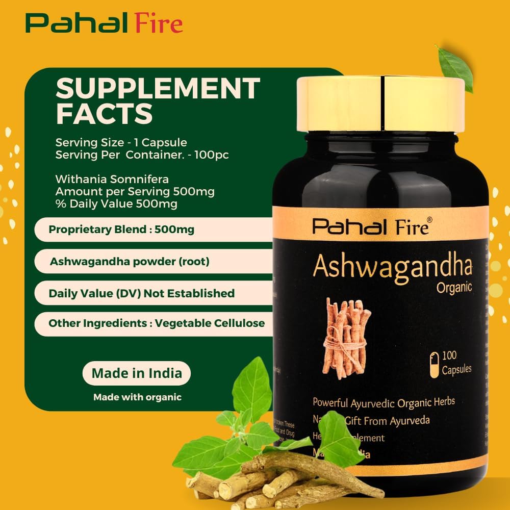 Organic Ashwagandha Herbal Supplement 500mg Capsules - 100 Count - Stress Relief & Energy Support - Wild Harvested in India - Gluten-Free & Lab Tested - 50 Day Supply