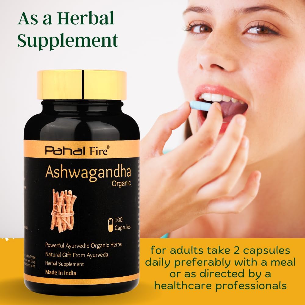 Organic Ashwagandha Herbal Supplement 500mg Capsules - 100 Count - Stress Relief & Energy Support - Wild Harvested in India - Gluten-Free & Lab Tested - 50 Day Supply