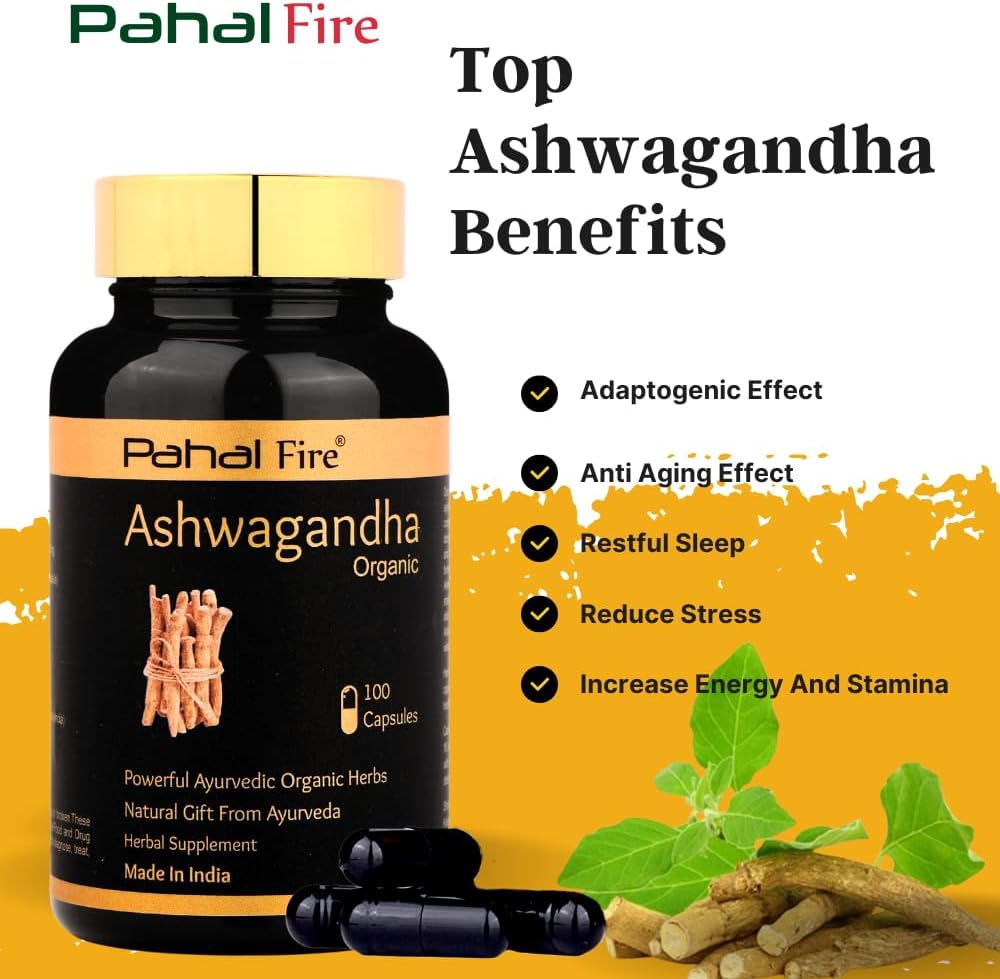 Organic Ashwagandha Herbal Supplement 500mg Capsules - 100 Count - Stress Relief & Energy Support - Wild Harvested in India - Gluten-Free & Lab Tested - 50 Day Supply