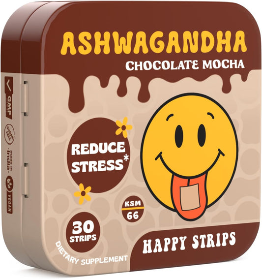 Organic Ashwagandha KSM 66 & GABA Supplement Strips for Stress Relief & Sleep - Chocolate Mocha Flavored, Vegan, Sugar-Free - 30 Count