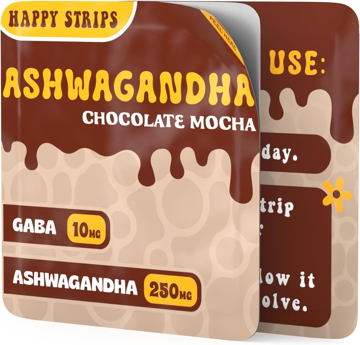 Organic Ashwagandha KSM 66 & GABA Supplement Strips for Stress Relief & Sleep - Chocolate Mocha Flavored, Vegan, Sugar-Free - 30 Count
