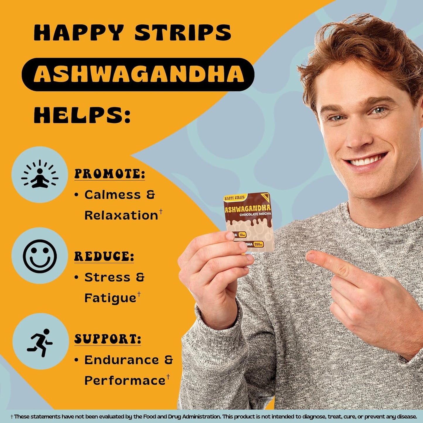 Organic Ashwagandha KSM 66 & GABA Supplement Strips for Stress Relief & Sleep - Chocolate Mocha Flavored, Vegan, Sugar-Free - 30 Count