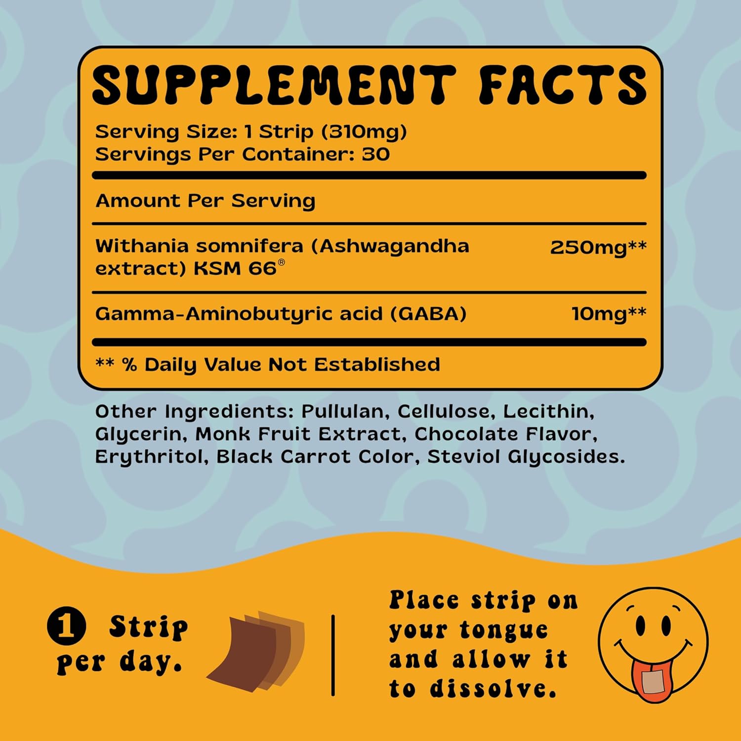 Organic Ashwagandha KSM 66 & GABA Supplement Strips for Stress Relief & Sleep - Chocolate Mocha Flavored, Vegan, Sugar-Free - 30 Count
