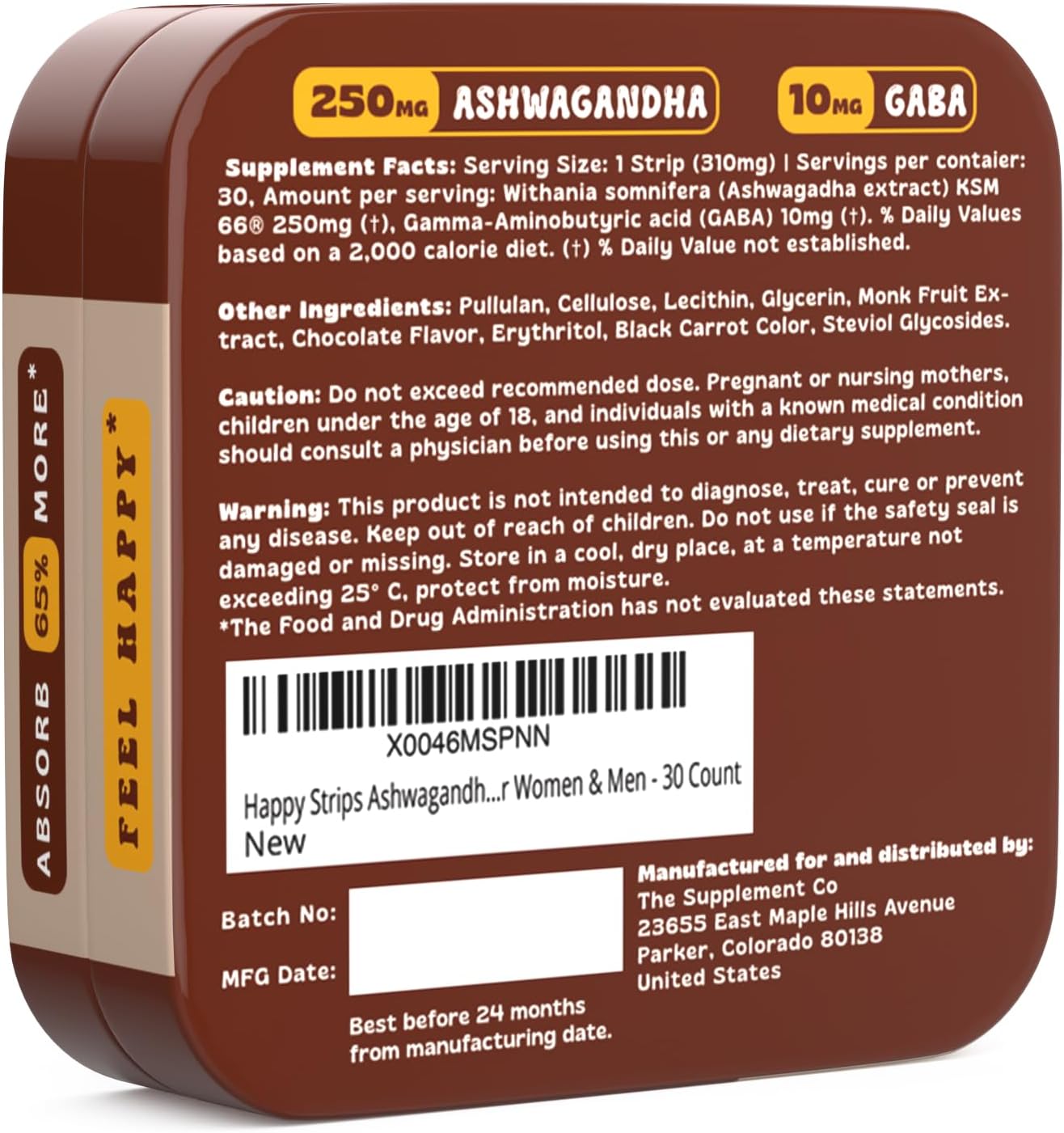 Organic Ashwagandha KSM 66 & GABA Supplement Strips for Stress Relief & Sleep - Chocolate Mocha Flavored, Vegan, Sugar-Free - 30 Count