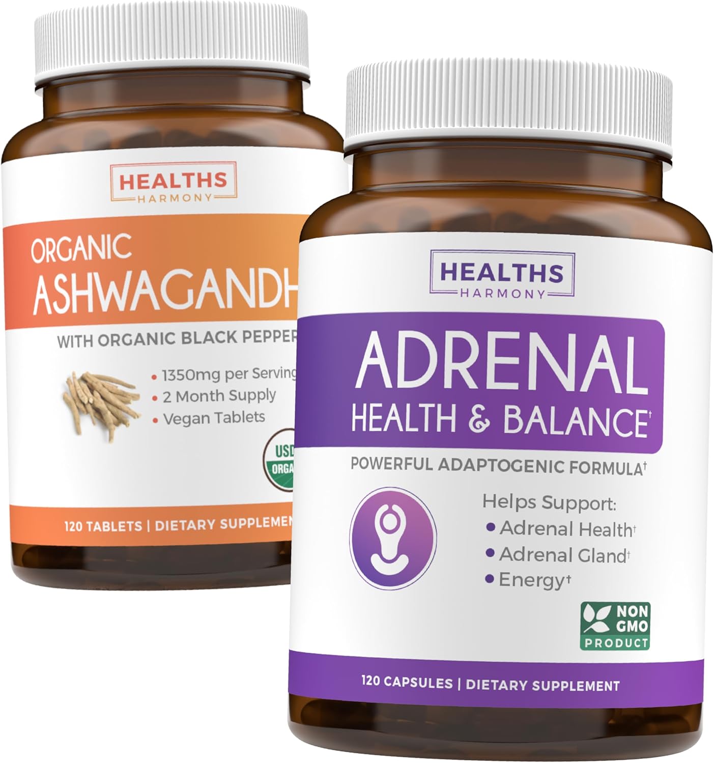 Organic Ashwagandha & L-Tyrosine Adrenal Support Pack - 2 Month Supply - Cortisol Manager - Fatigue Support - Adrenal Balance - Healths Harmony