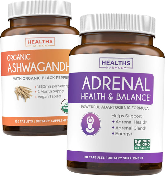 Organic Ashwagandha & L-Tyrosine Adrenal Support Pack - 2 Month Supply - Cortisol Manager - Fatigue Support - Adrenal Balance - Healths Harmony