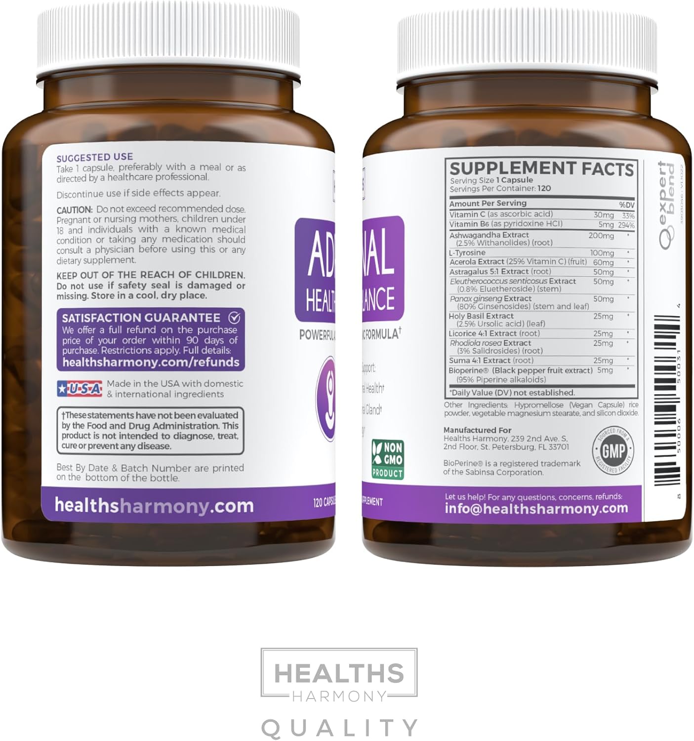 Organic Ashwagandha & L-Tyrosine Adrenal Support Pack - 2 Month Supply - Cortisol Manager - Fatigue Support - Adrenal Balance - Healths Harmony