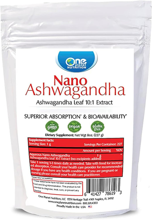 Organic Ashwagandha Leaf Extract Supplement, Nano-Particle Size, Non-GMO, Gluten-Free - 8oz (227g)