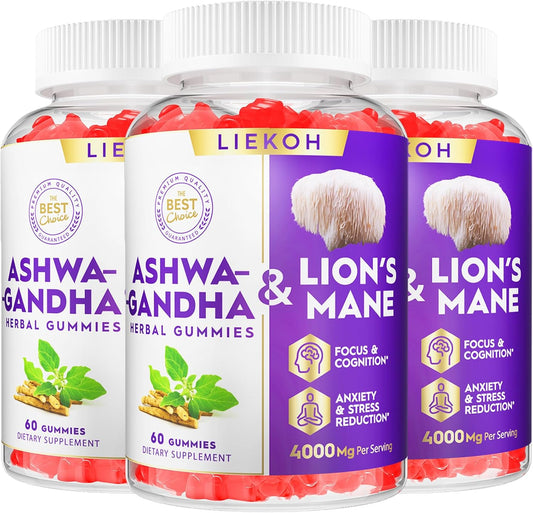 Organic Ashwagandha & Lion's Mane Gummies for Adults - Berry Flavor, Cognitive & Immune Support - 180 Mushroom Gummies