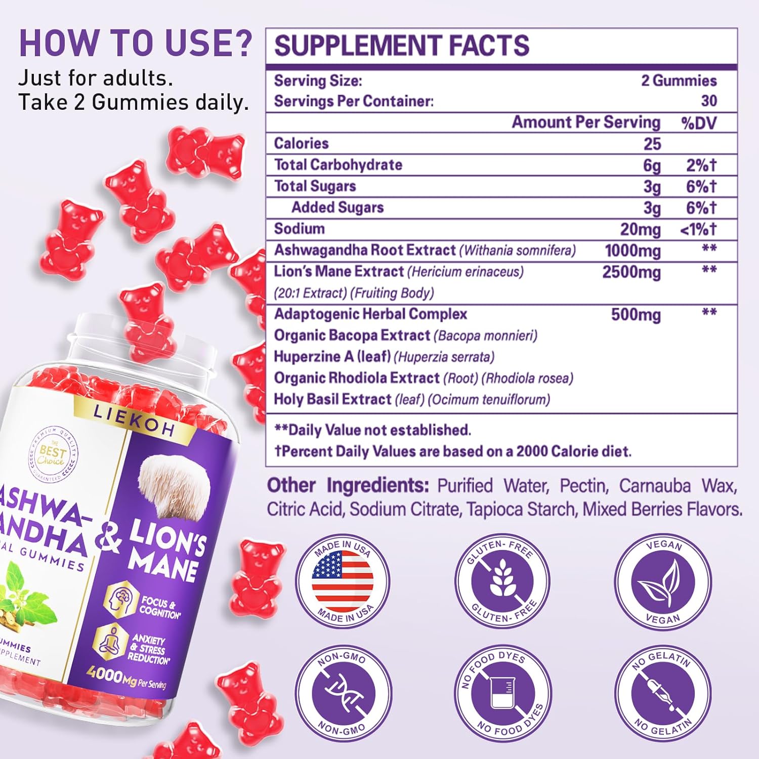 Organic Ashwagandha & Lion's Mane Gummies for Adults - Berry Flavor, Cognitive & Immune Support - 180 Mushroom Gummies