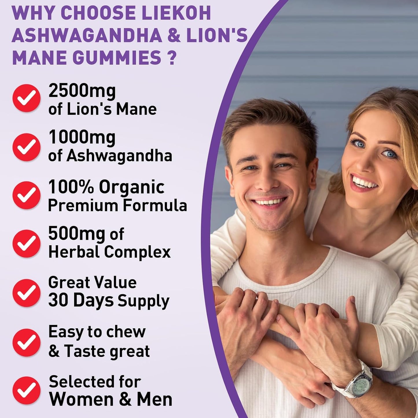 Organic Ashwagandha & Lion's Mane Gummies for Adults - Berry Flavor, Cognitive & Immune Support - 180 Mushroom Gummies